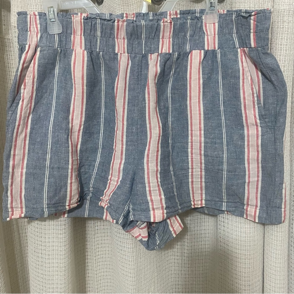 LOFT Elastic Waist Blue and Pink Striped Linen Blend Shorts